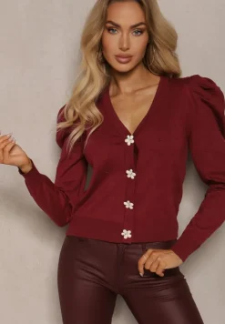 Bordowy Rozpinany Kardigan z Wiskozą Ozdobiony Guzikami Kwiatkami Enarine