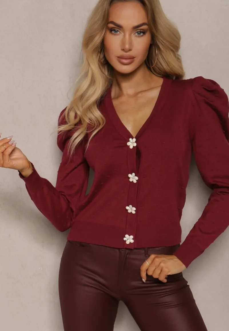 Bordowy Rozpinany Kardigan z Wiskozą Ozdobiony Guzikami Kwiatkami Enarine