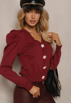 Bordowy Rozpinany Kardigan z Wiskozą Ozdobiony Guzikami Kwiatkami Enarine