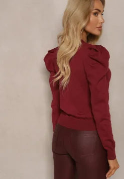 Bordowy Rozpinany Kardigan z Wiskozą Ozdobiony Guzikami Kwiatkami Enarine