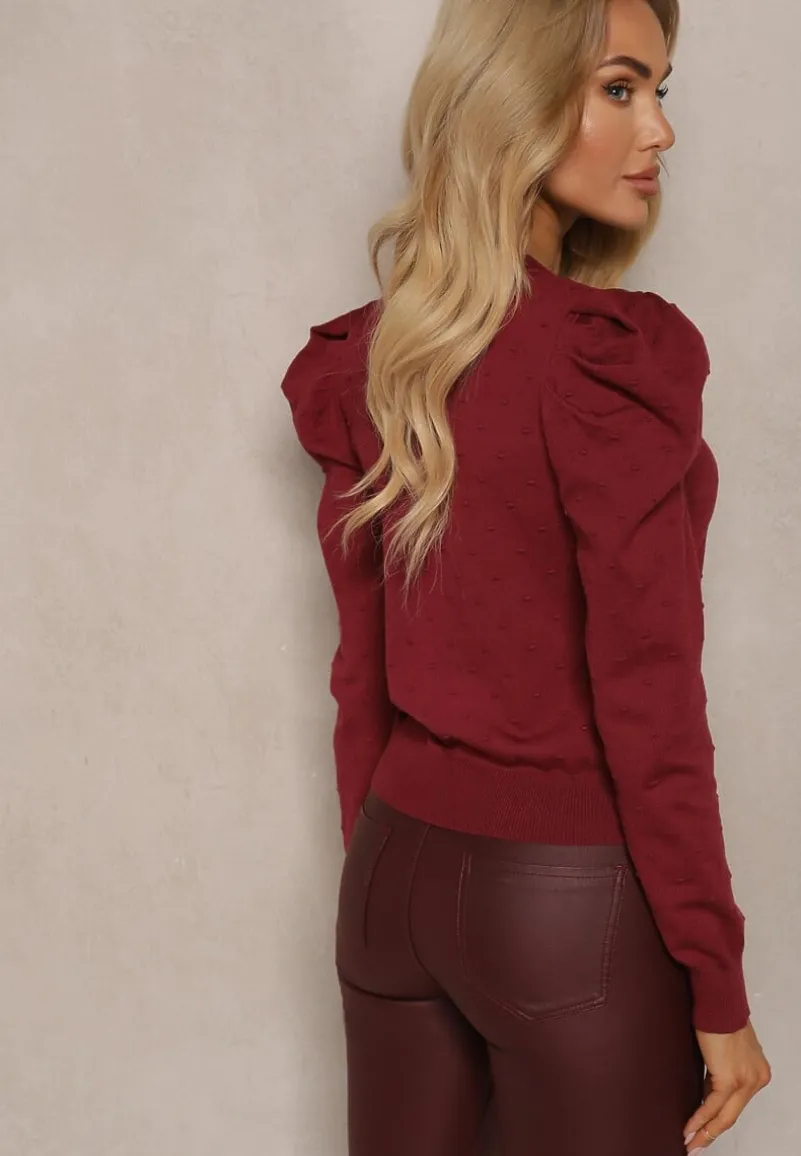 Bordowy Rozpinany Kardigan z Wiskozą Ozdobiony Guzikami Kwiatkami Enarine