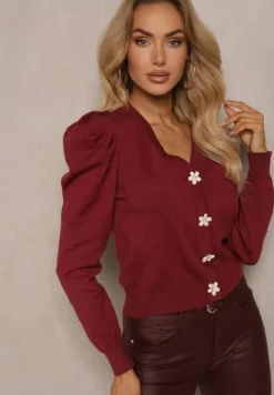 Bordowy Rozpinany Kardigan z Wiskozą Ozdobiony Guzikami Kwiatkami Enarine