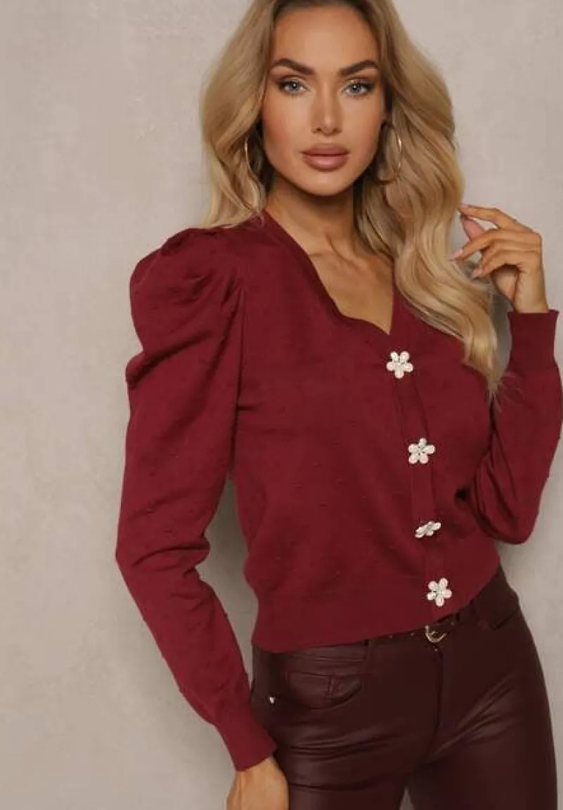 Bordowy Rozpinany Kardigan z Wiskozą Ozdobiony Guzikami Kwiatkami Enarine