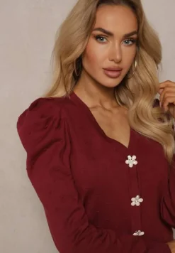 Bordowy Rozpinany Kardigan z Wiskozą Ozdobiony Guzikami Kwiatkami Enarine