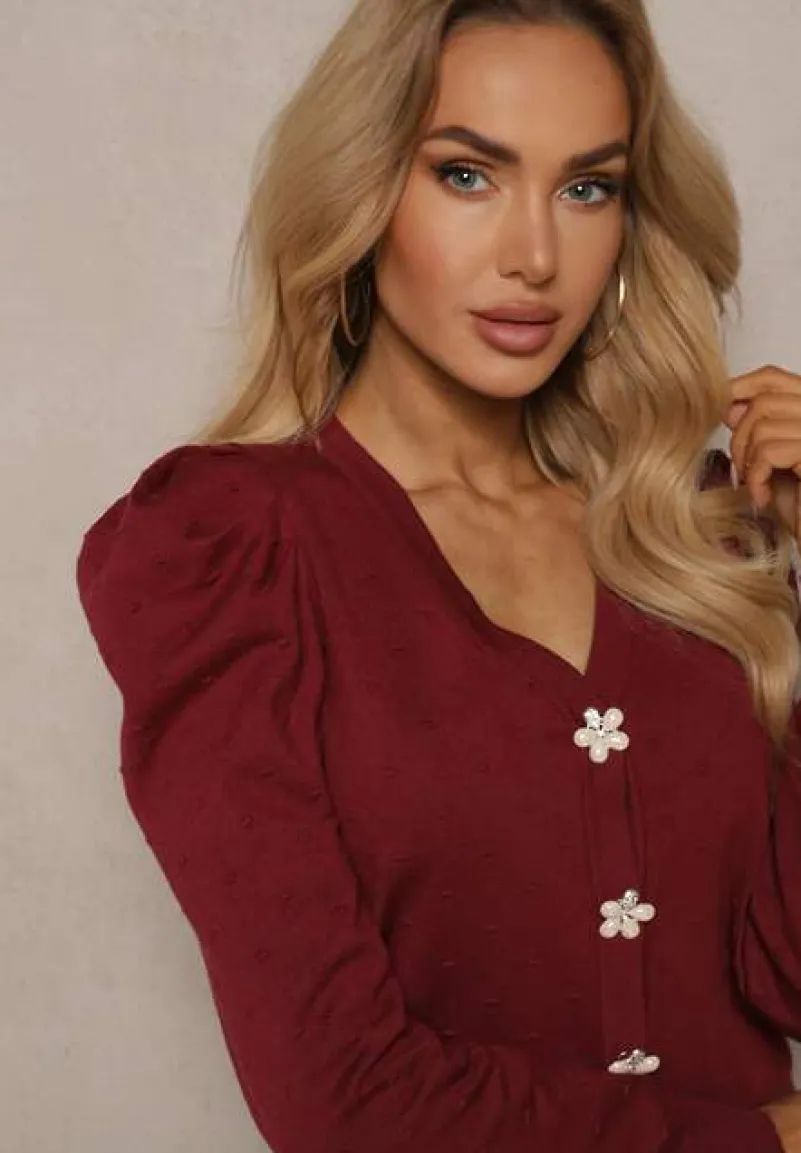 Bordowy Rozpinany Kardigan z Wiskozą Ozdobiony Guzikami Kwiatkami Enarine
