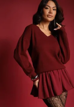Bordowy Sweter z Wiskozy Oversize Conime