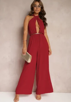 Bordowy Taliowany Kombinezon ze Ściągaczem w Talii i Wiązaniem przy Szyi Rivasiris