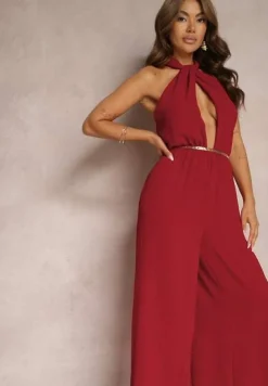 Bordowy Taliowany Kombinezon ze Ściągaczem w Talii i Wiązaniem przy Szyi Rivasiris