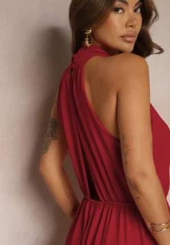 Bordowy Taliowany Kombinezon ze Ściągaczem w Talii i Wiązaniem przy Szyi Rivasiris