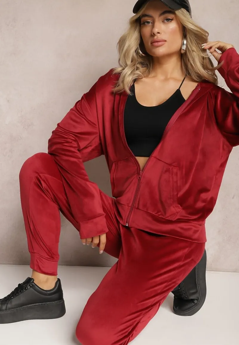Bordowy Welurowy Komplet Dresowy 2-Częściowy z Bluzą z Kapturem i Spodniami Fiksena