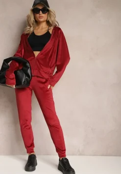 Bordowy Welurowy Komplet Dresowy 2-Częściowy z Bluzą z Kapturem i Spodniami Fiksena
