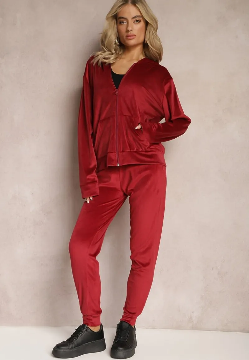 Bordowy Welurowy Komplet Dresowy 2-Częściowy z Bluzą z Kapturem i Spodniami Fiksena