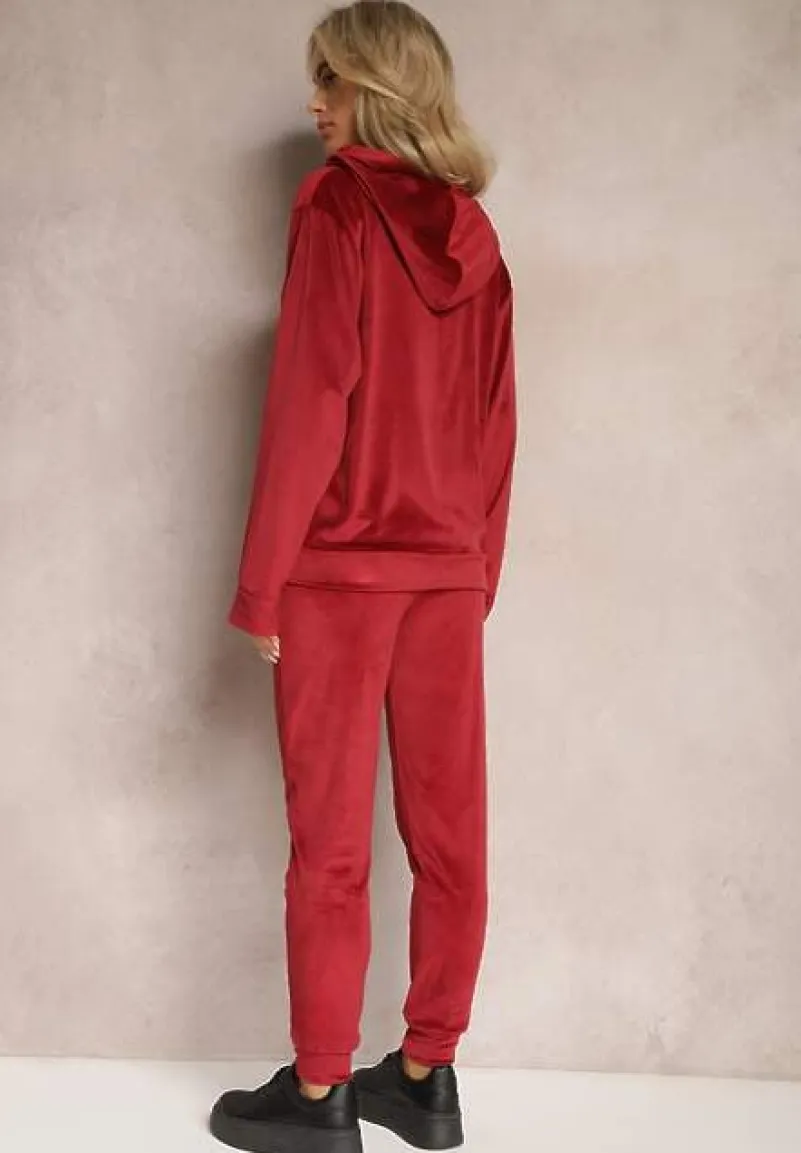 Bordowy Welurowy Komplet Dresowy 2-Częściowy z Bluzą z Kapturem i Spodniami Fiksena