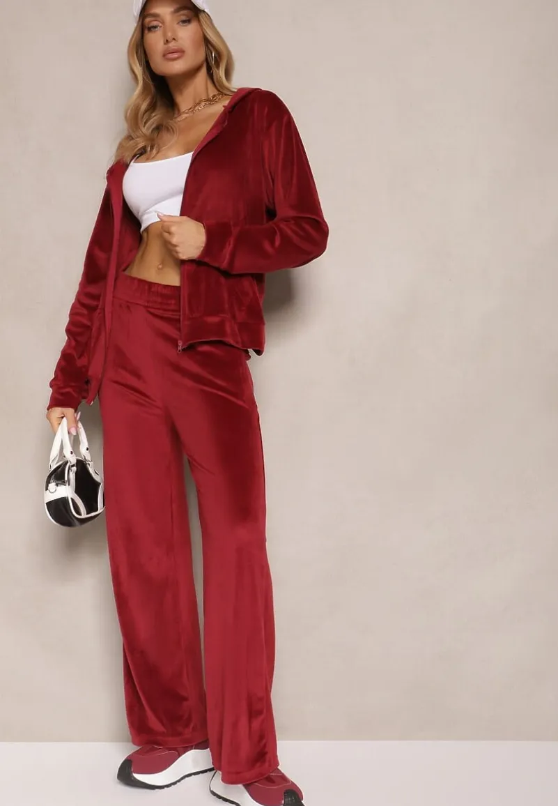 Bordowy Welurowy Komplet Dresowy Bluza z Kapturem i Szerokie Spodnie Poretta