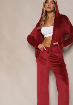 Bordowy Welurowy Komplet Dresowy Bluza z Kapturem i Szerokie Spodnie Poretta