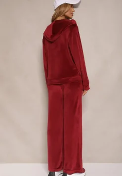 Bordowy Welurowy Komplet Dresowy Bluza z Kapturem i Szerokie Spodnie Poretta
