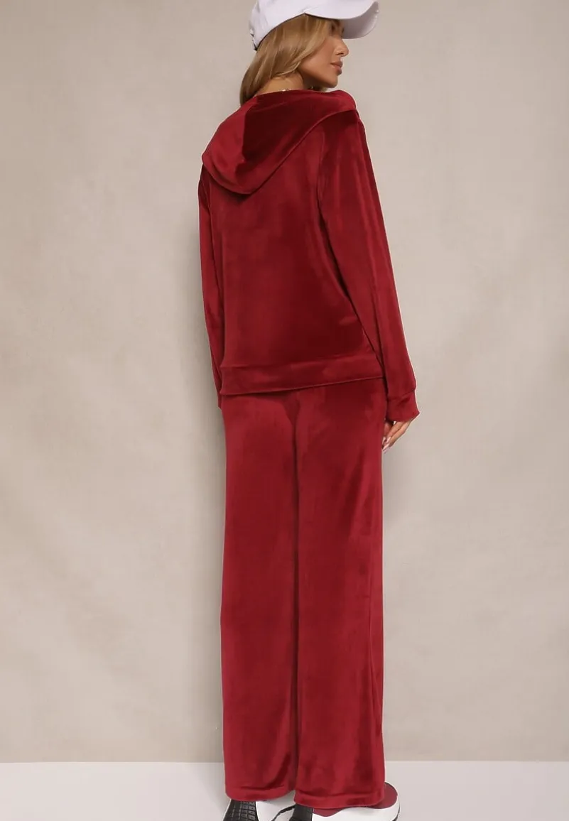 Bordowy Welurowy Komplet Dresowy Bluza z Kapturem i Szerokie Spodnie Poretta