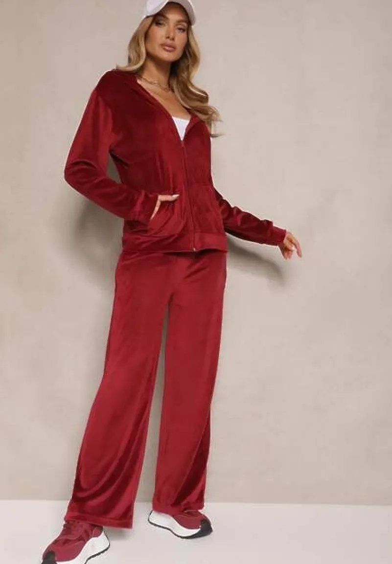 Bordowy Welurowy Komplet Dresowy Bluza z Kapturem i Szerokie Spodnie Poretta