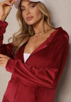 Bordowy Welurowy Komplet Dresowy Bluza z Kapturem i Szerokie Spodnie Poretta