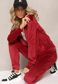 Bordowy Welurowy Komplet Dresowy Bluza z Kapturem i Proste Spodnie Arislo