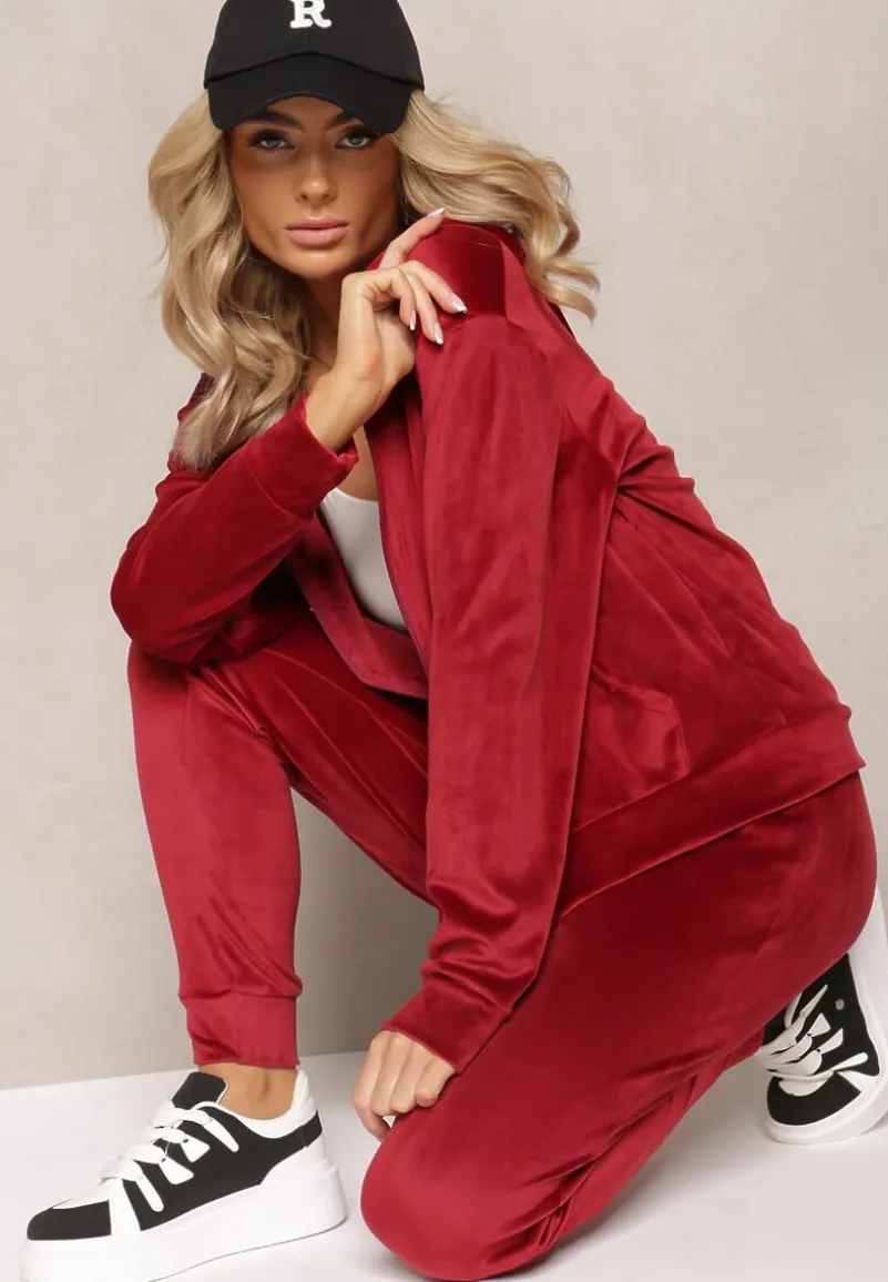 Bordowy Welurowy Komplet Dresowy Bluza z Kapturem i Proste Spodnie Arislo