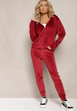 Bordowy Welurowy Komplet Dresowy Bluza z Kapturem i Proste Spodnie Arislo