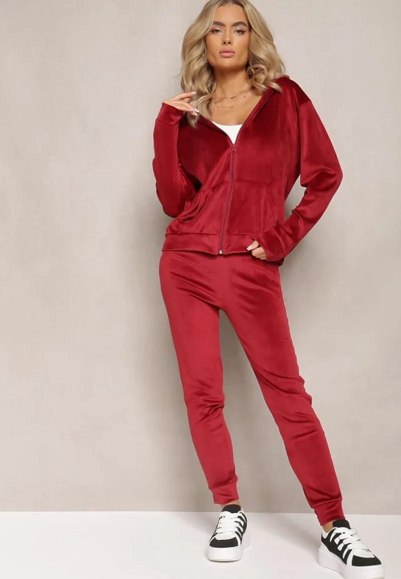 Bordowy Welurowy Komplet Dresowy Bluza z Kapturem i Proste Spodnie Arislo