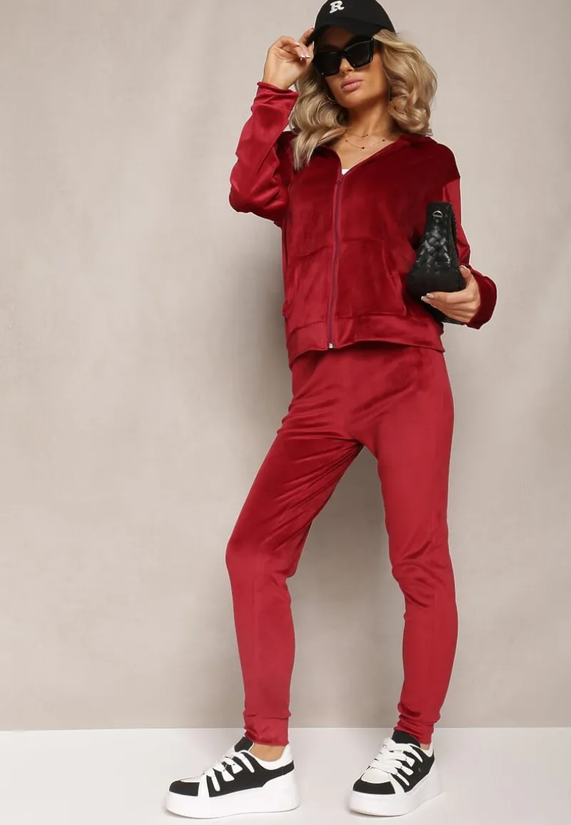 Bordowy Welurowy Komplet Dresowy Bluza z Kapturem i Proste Spodnie Arislo