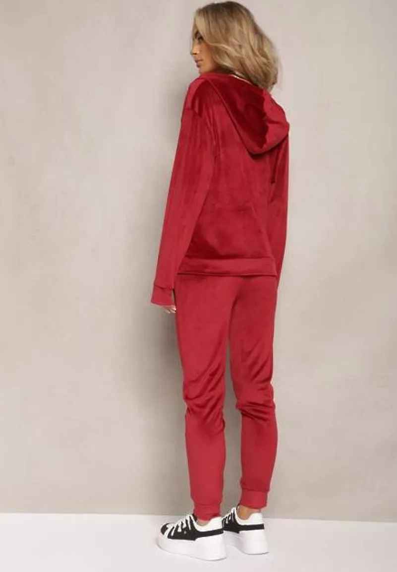 Bordowy Welurowy Komplet Dresowy Bluza z Kapturem i Proste Spodnie Arislo