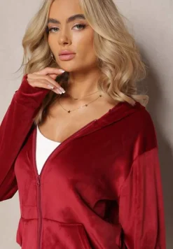 Bordowy Welurowy Komplet Dresowy Bluza z Kapturem i Proste Spodnie Arislo