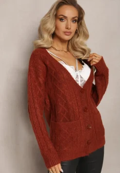Bordowy Zapinany Kardigan z Trójkątnym Dekoltem i Warkoczykowy Splot Juessa