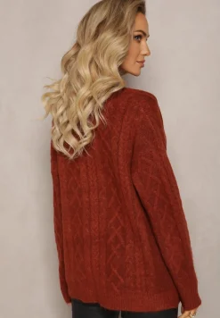 Bordowy Zapinany Kardigan z Trójkątnym Dekoltem i Warkoczykowy Splot Juessa