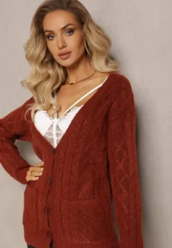 Bordowy Zapinany Kardigan z Trójkątnym Dekoltem i Warkoczykowy Splot Juessa