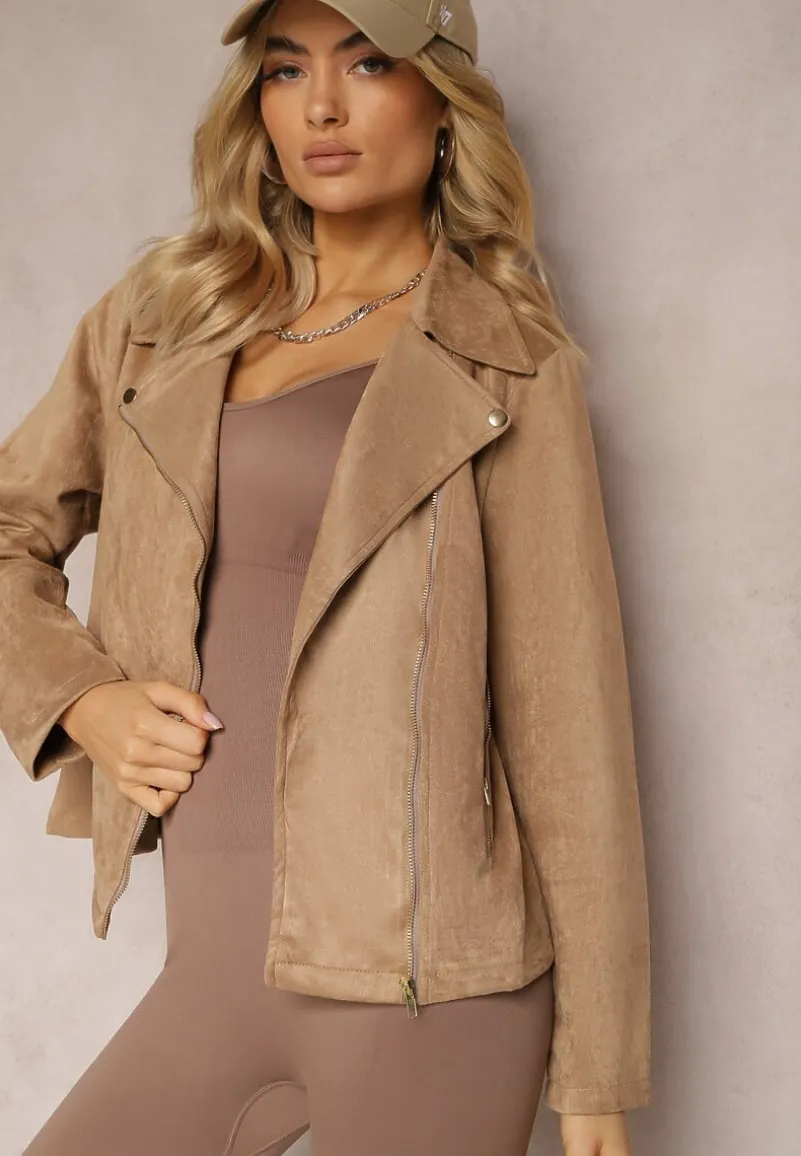 Brązowa Asymetryczna Kurtka Ramoneska z Imitacji Zamszu Kmiya