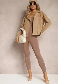 Brązowa Asymetryczna Kurtka Ramoneska z Imitacji Zamszu Kmiya