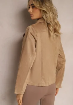 Brązowa Asymetryczna Kurtka Ramoneska z Imitacji Zamszu Kmiya