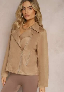 Brązowa Asymetryczna Kurtka Ramoneska z Imitacji Zamszu Kmiya