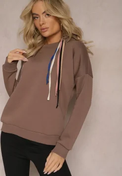Brązowa Bawełniana Bluza z Sznurkami i Kapturem Tyche