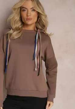 Brązowa Bawełniana Bluza z Sznurkami i Kapturem Tyche