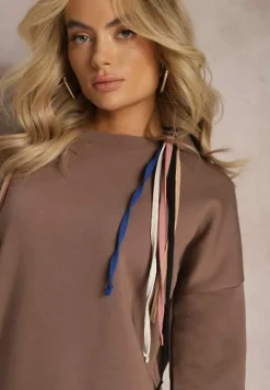 Brązowa Bawełniana Bluza z Sznurkami i Kapturem Tyche