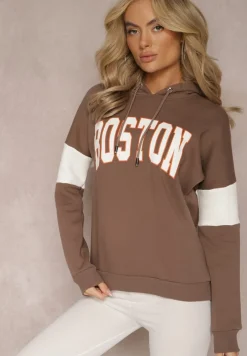 Brązowa Bawełniana Bluza z Kapturem w Amerykańskim Stylu z Napisem i Polarem Iocaste