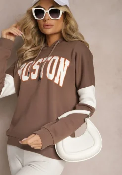 Brązowa Bawełniana Bluza z Kapturem w Amerykańskim Stylu z Napisem i Polarem Iocaste