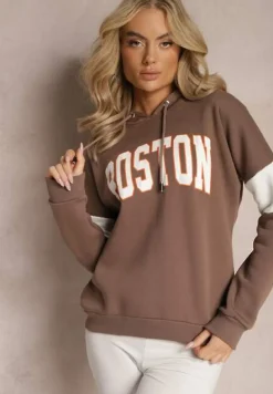 Brązowa Bawełniana Bluza z Kapturem w Amerykańskim Stylu z Napisem i Polarem Iocaste