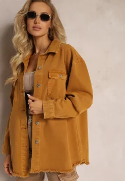 Brązowa Bawełniana Jeansowa Kurtka Oversize z Kieszeniami i Metalowymi Guzikami Malvo