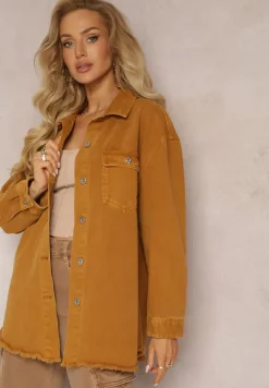 Brązowa Bawełniana Jeansowa Kurtka Oversize z Kieszeniami i Metalowymi Guzikami Malvo