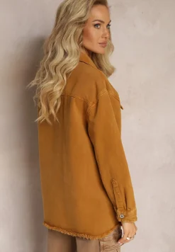 Brązowa Bawełniana Jeansowa Kurtka Oversize z Kieszeniami i Metalowymi Guzikami Malvo