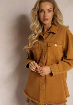 Brązowa Bawełniana Jeansowa Kurtka Oversize z Kieszeniami i Metalowymi Guzikami Malvo