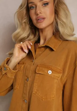 Brązowa Bawełniana Jeansowa Kurtka Oversize z Kieszeniami i Metalowymi Guzikami Malvo