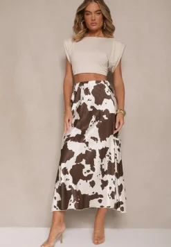 Brązowa Bawełniana Spódnica z Satynowej Tkaniny w Krowi Print Gleria