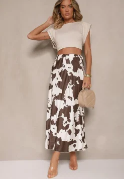 Brązowa Bawełniana Spódnica z Satynowej Tkaniny w Krowi Print Gleria